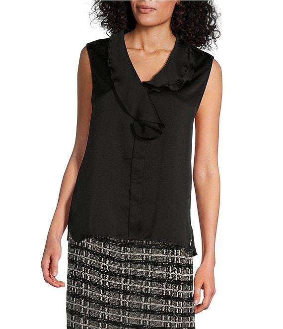 Misook Waterfall Ruffle Crepe De Chine V-Neck Sleeveless Blouse Product Image