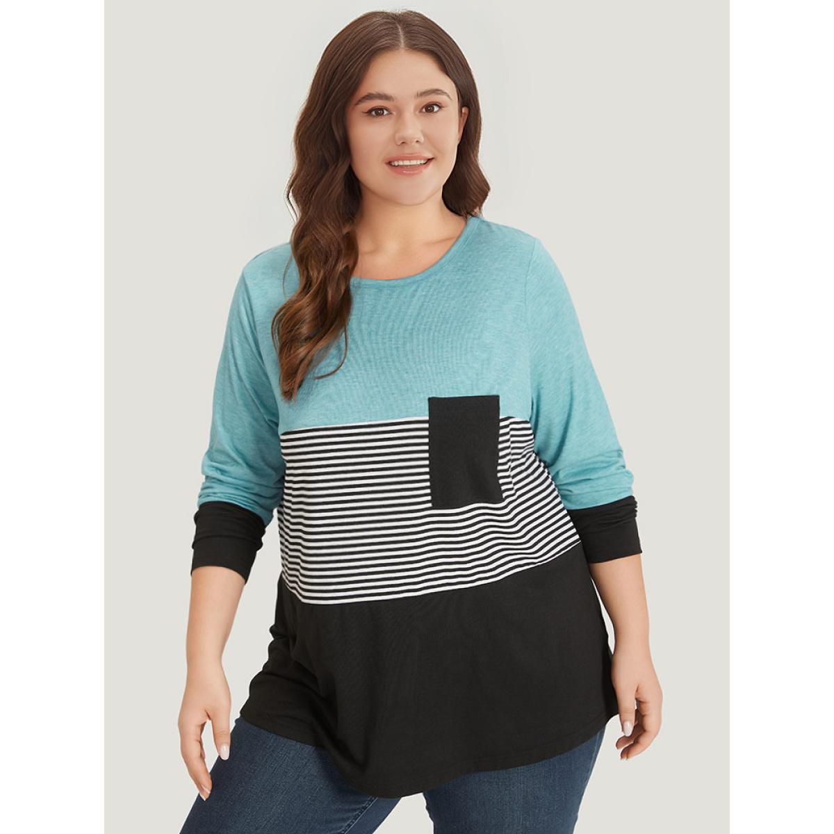 Plus Size Striped Colorblock Contrast Patchwork Crew Neck T-shirt Multicolor Women Casual Contrast Striped Round Neck Dailywear T-shirts BloomChic 10/M Product Image