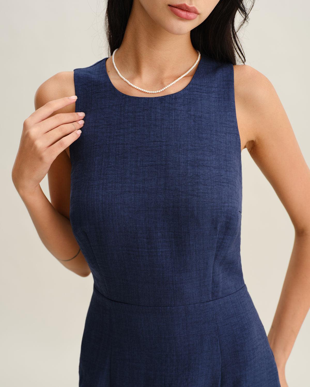 Blue Round Neck Zipper Sleeveless Mini Dress Product Image