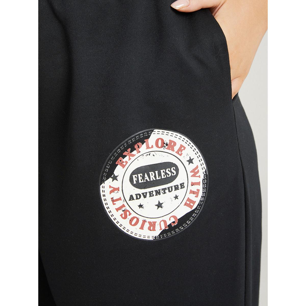 Plain Drawstring Patched Detail Pocket Sweatpants Black Plus Size Women Casual Dailywear Printed 12/L Bloomchic Product Image