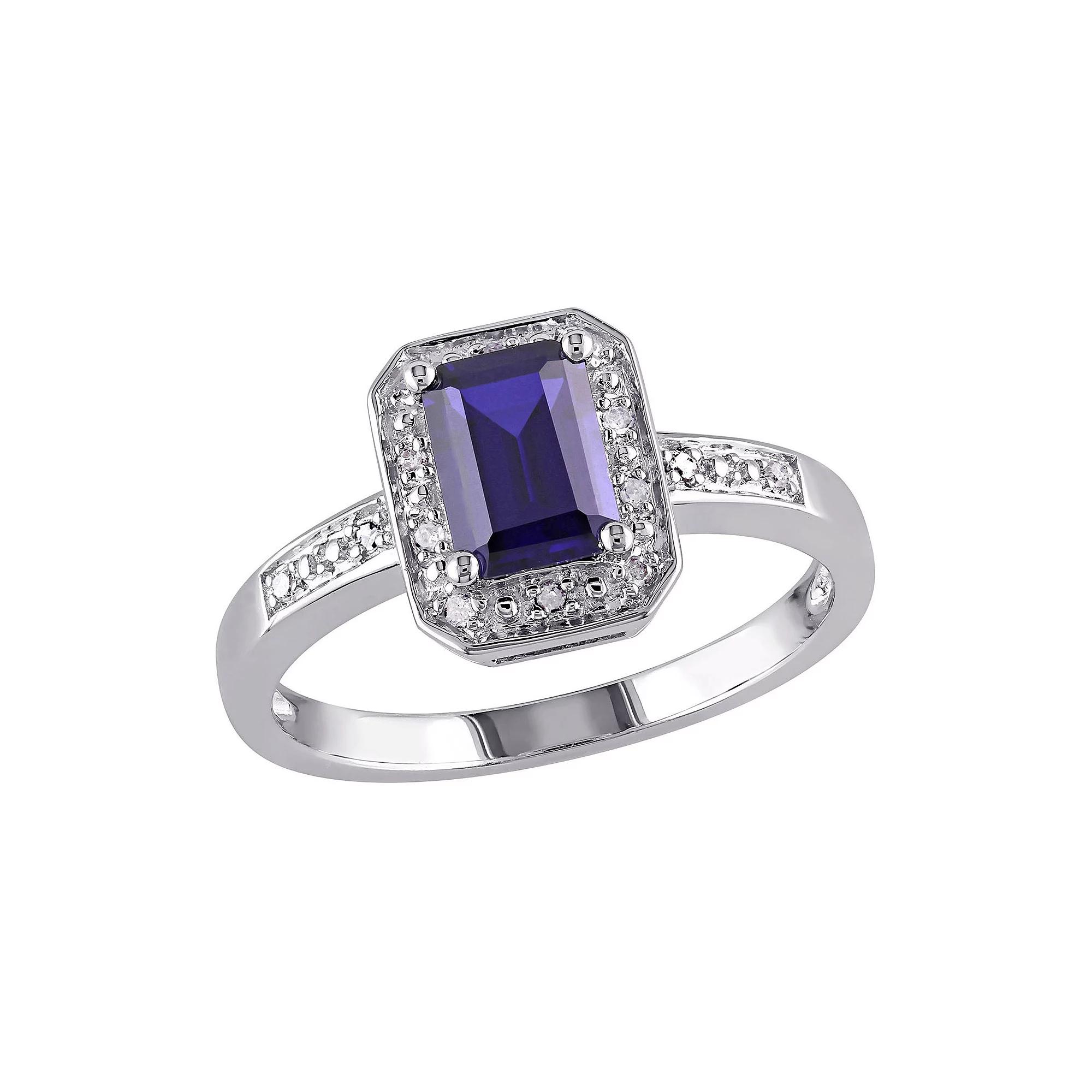 Stella Grace Sterling Silver Lab-Created Sapphire and Diamond Accent Octagonal Halo Ring, Womens Blue Product Image