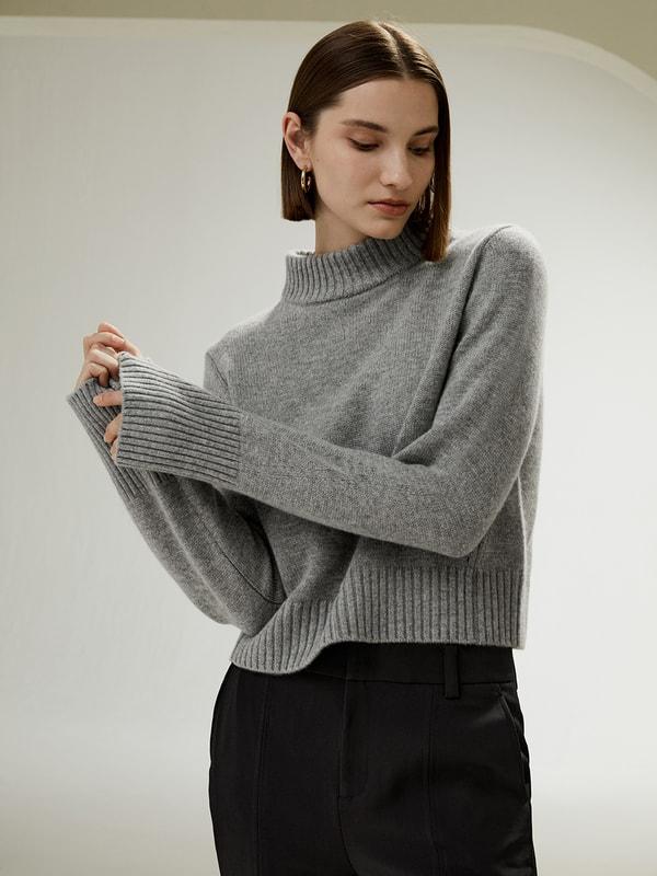Ribbed Collar and Hemline Wool Cashmere Sweater Product Image