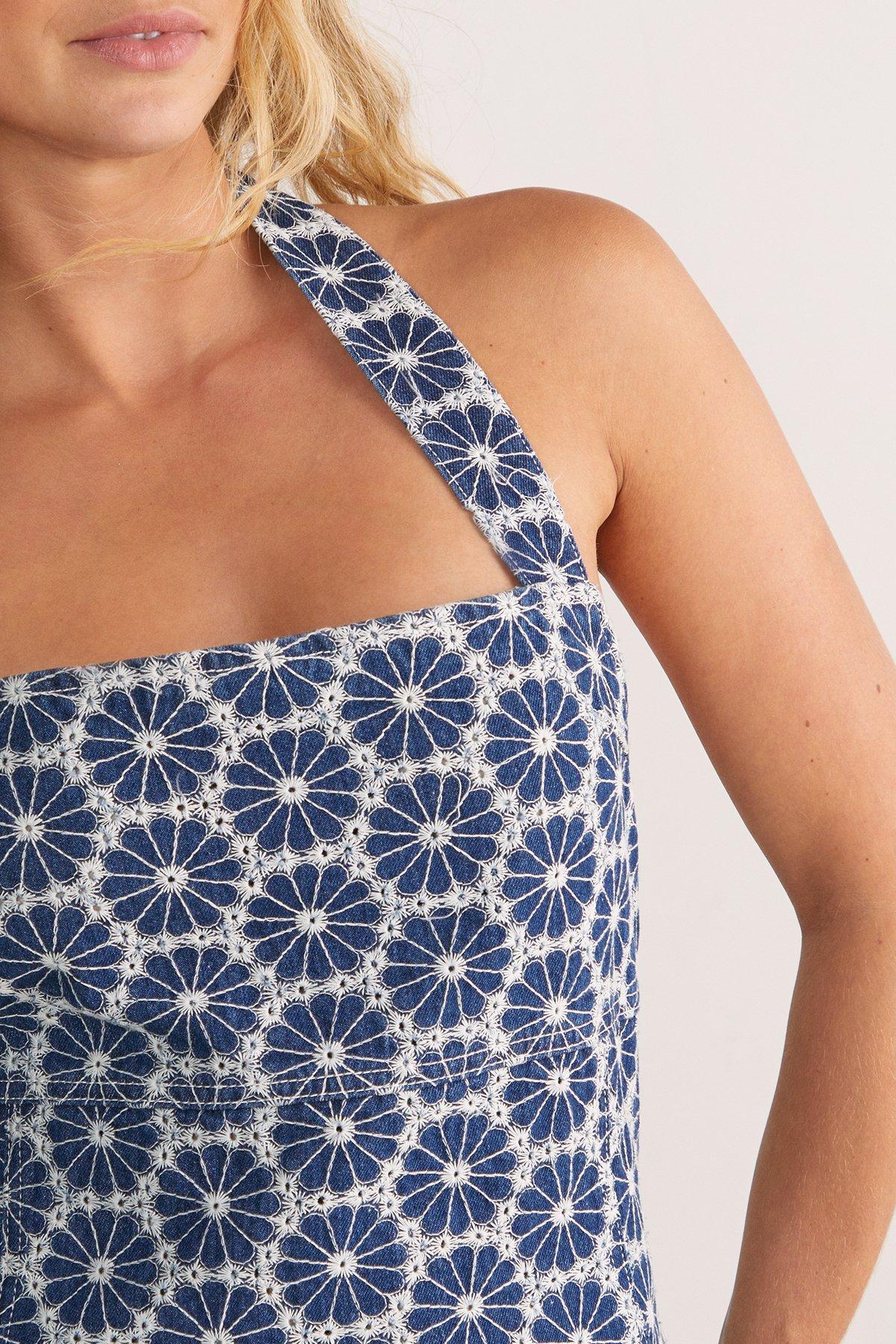 Floral Embroidered Denim Halter Dress Product Image