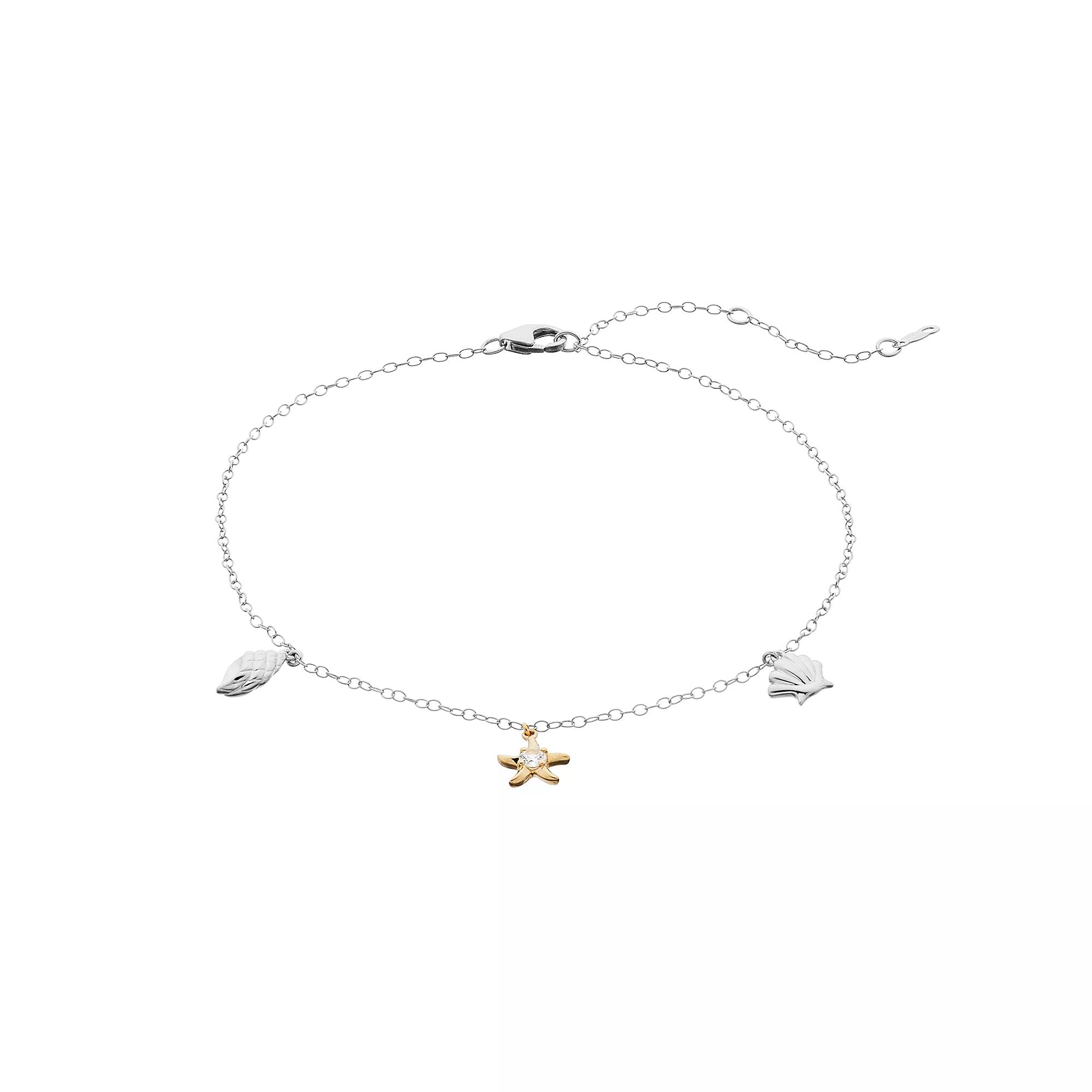 Sterling Silver Lab Created White Sapphire Starfish Anklet, Women's, Two Tone Product Image