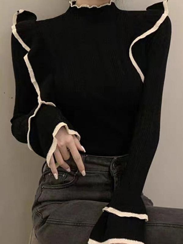 Contrast Color Peplum Splice Trumpet Sleeve Mock Neck Sweater Product Image