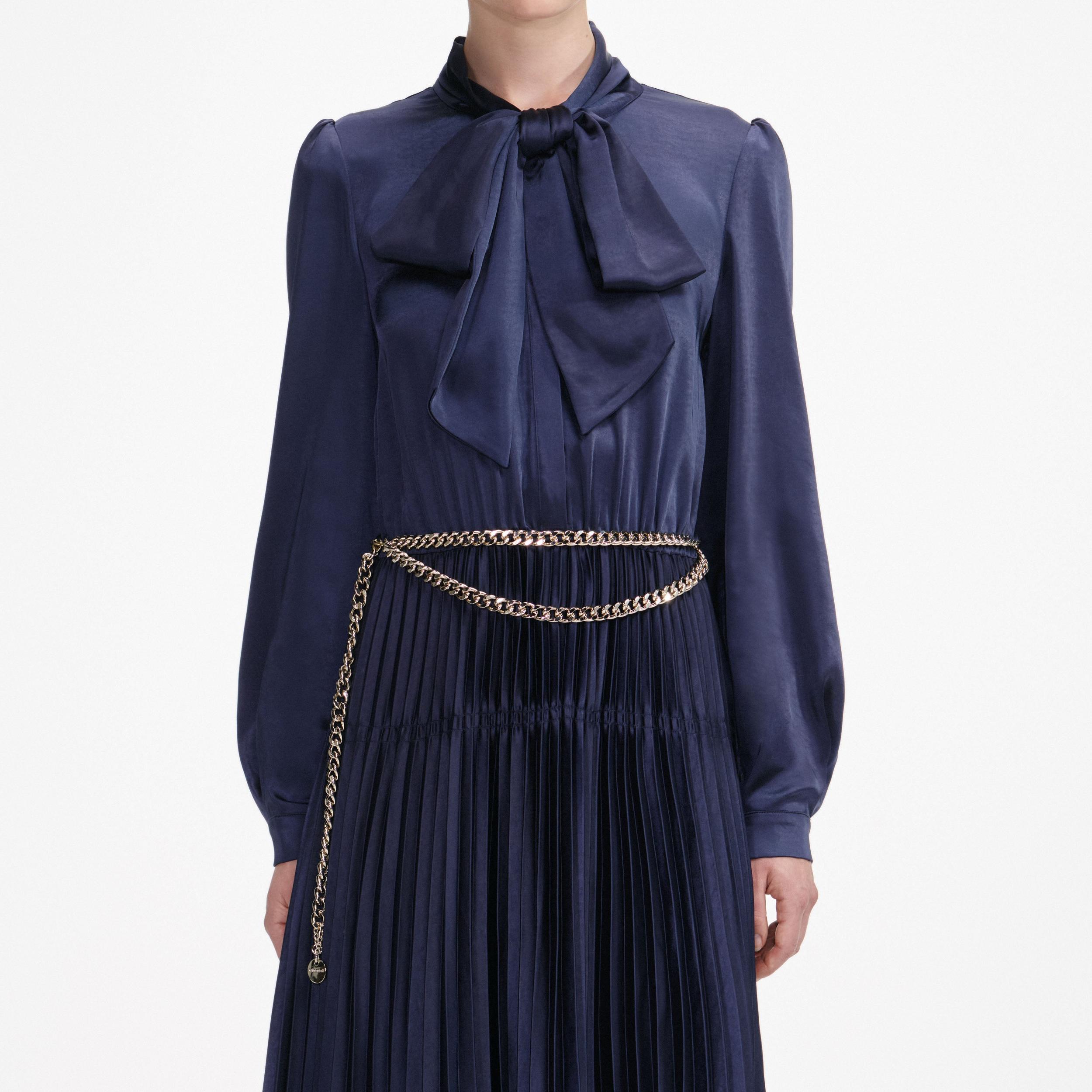 Navy Satin Pussy Bow Maxi Dress Product Image