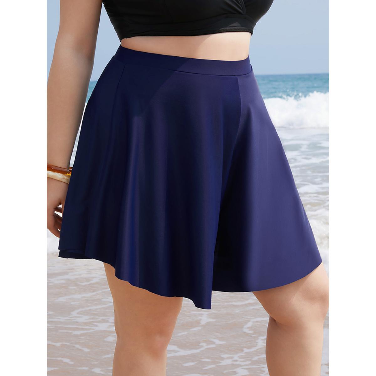 Plus Size Plain Loose High Waist Swim Shorts Women's Swimwear Indigo Vacation Plain High stretch High Rise Curve Swim Bottoms BloomChic 28/5X Product Image