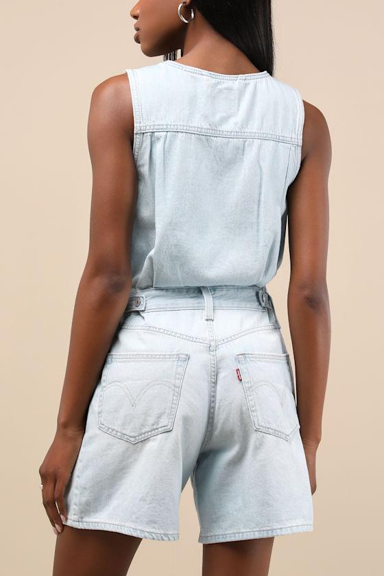 Vest Light Wash Button-Front Denim Romper Product Image