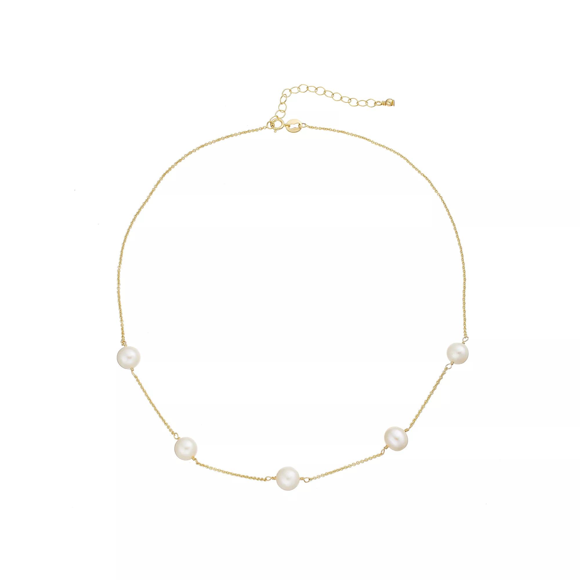 Aleure Precioso 18k Gold Over Silver Freshwater Cultured Pearl Station Necklace, Womens Gold Tone White Product Image