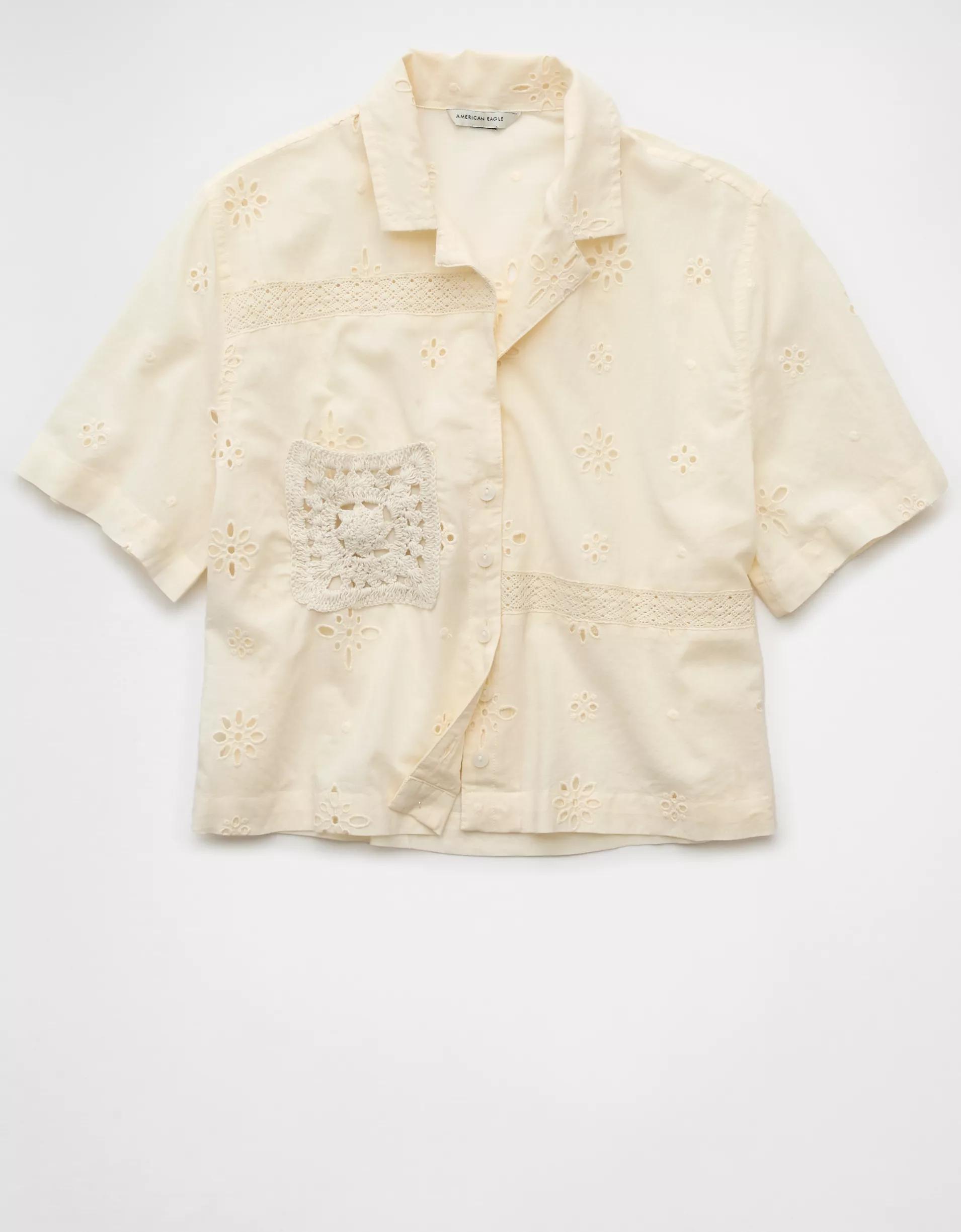 AE Short-Sleeve Embroidered Button-Up Shirt Product Image