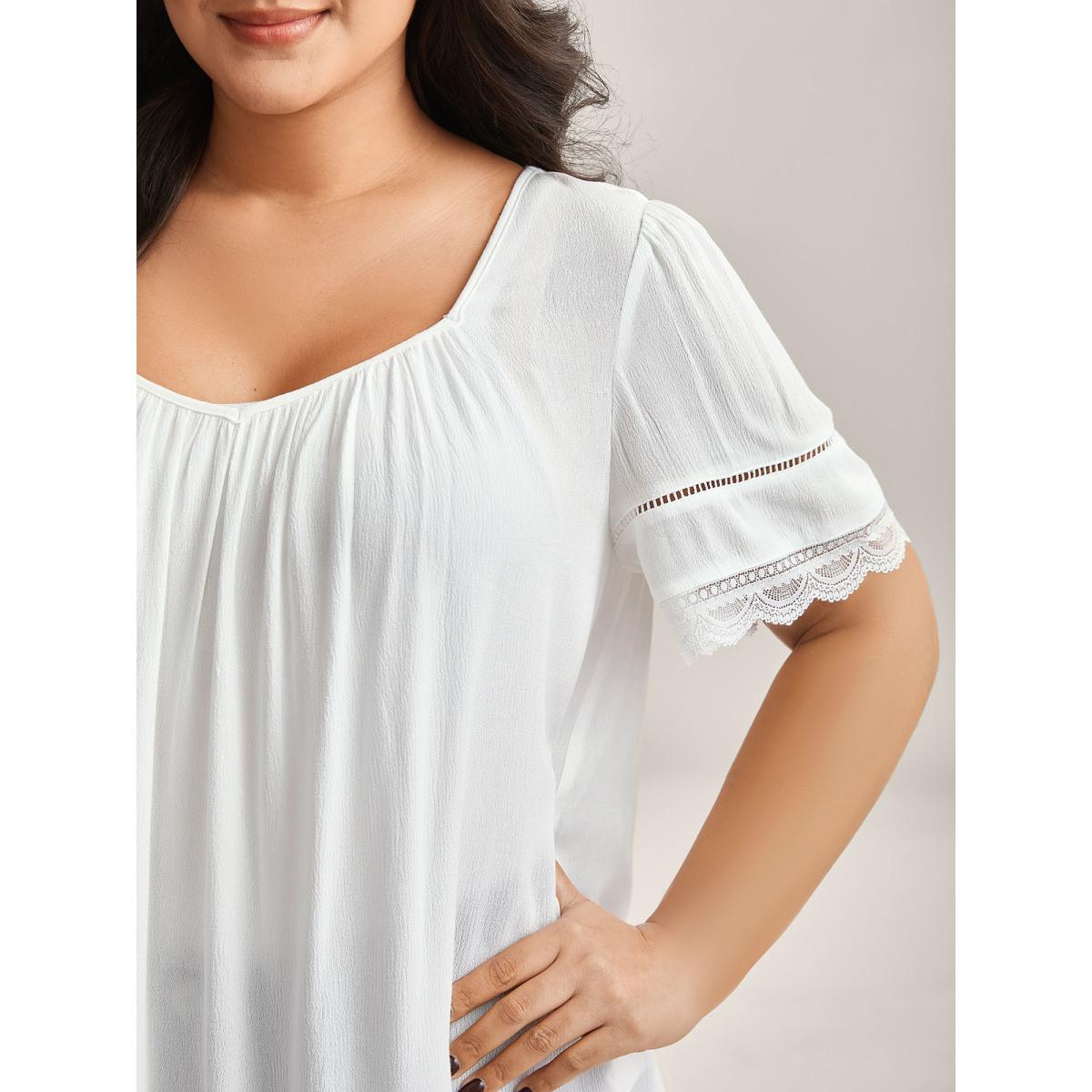 Plus Size WhiteSmoke Rayon Flowy Lace Trim Solid Blouse Women Leisure Short sleeve Heart neckline Casual Blouses BloomChic 26/4X Product Image