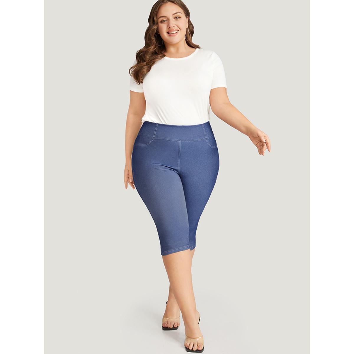 Plus Size Solid Stitch Wideband Waist High Rise Leggings Women Blue Casual High stretch Skinny High Rise Dailywear Leggings BloomChic 10/M Product Image