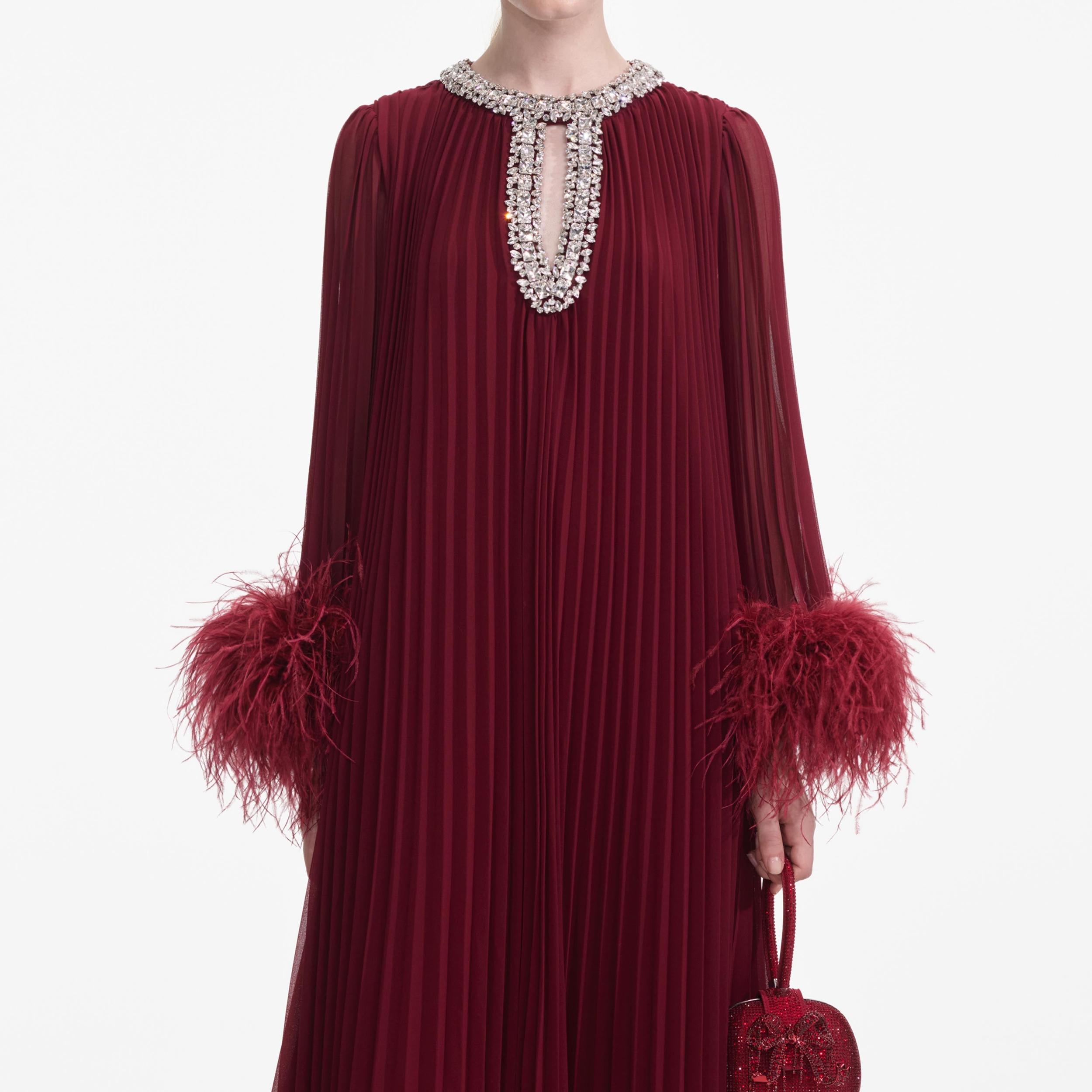 Burgundy Chiffon Feather Midi Dress Product Image