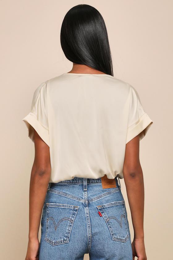 Posh Precision Champagne Satin Surplice Short Sleeve Bodysuit Product Image