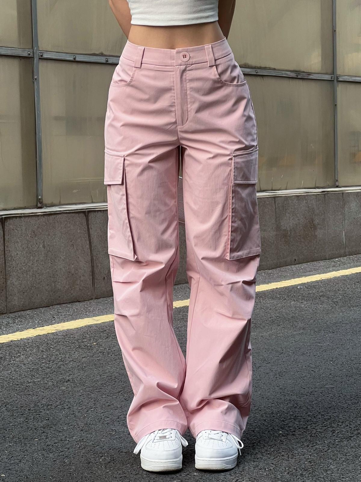 Ruched Pink Straight Leg Cargo Pants Product Image