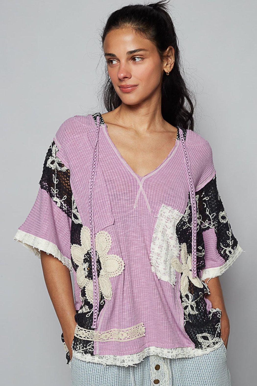 POL V-Neck Short Sleeve Crochet Contrast Solid Top Product Image