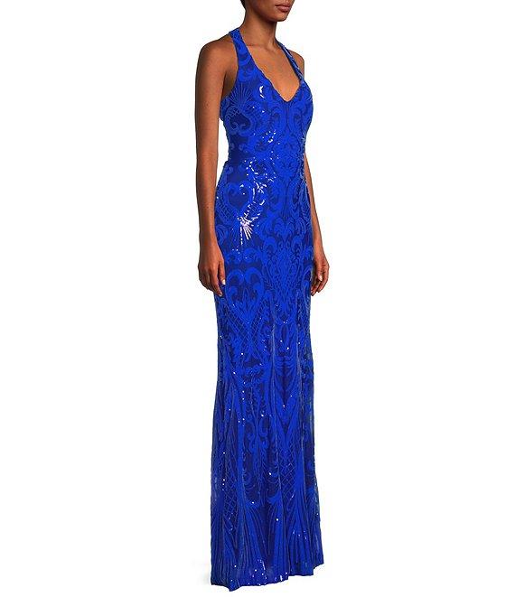 Next Up Sequin Pattern V-Neck Sleeveless X-Back Loop and Lacing Long Dress Product Image