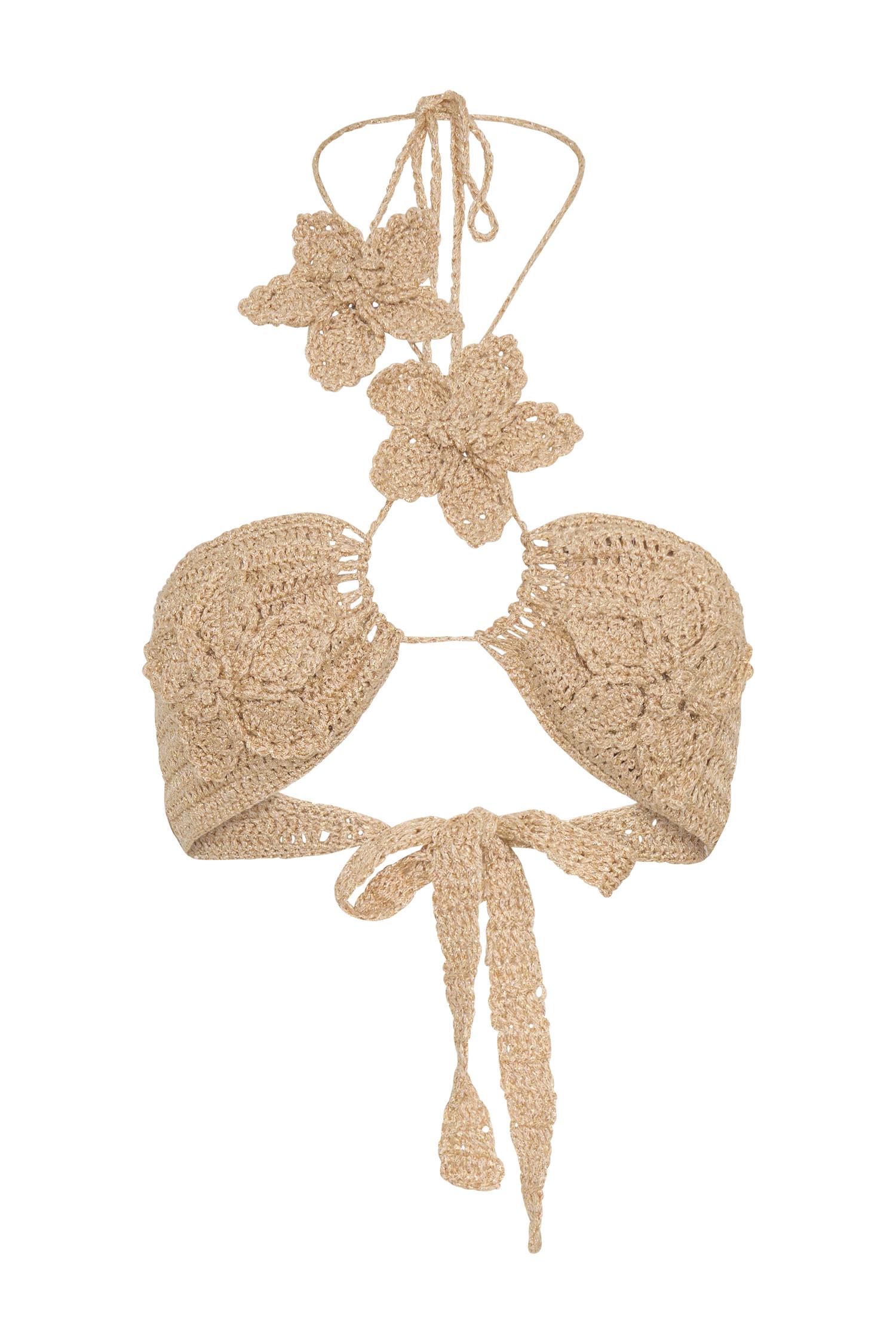 River Floral Crochet Bikini Top - Gold Product Image