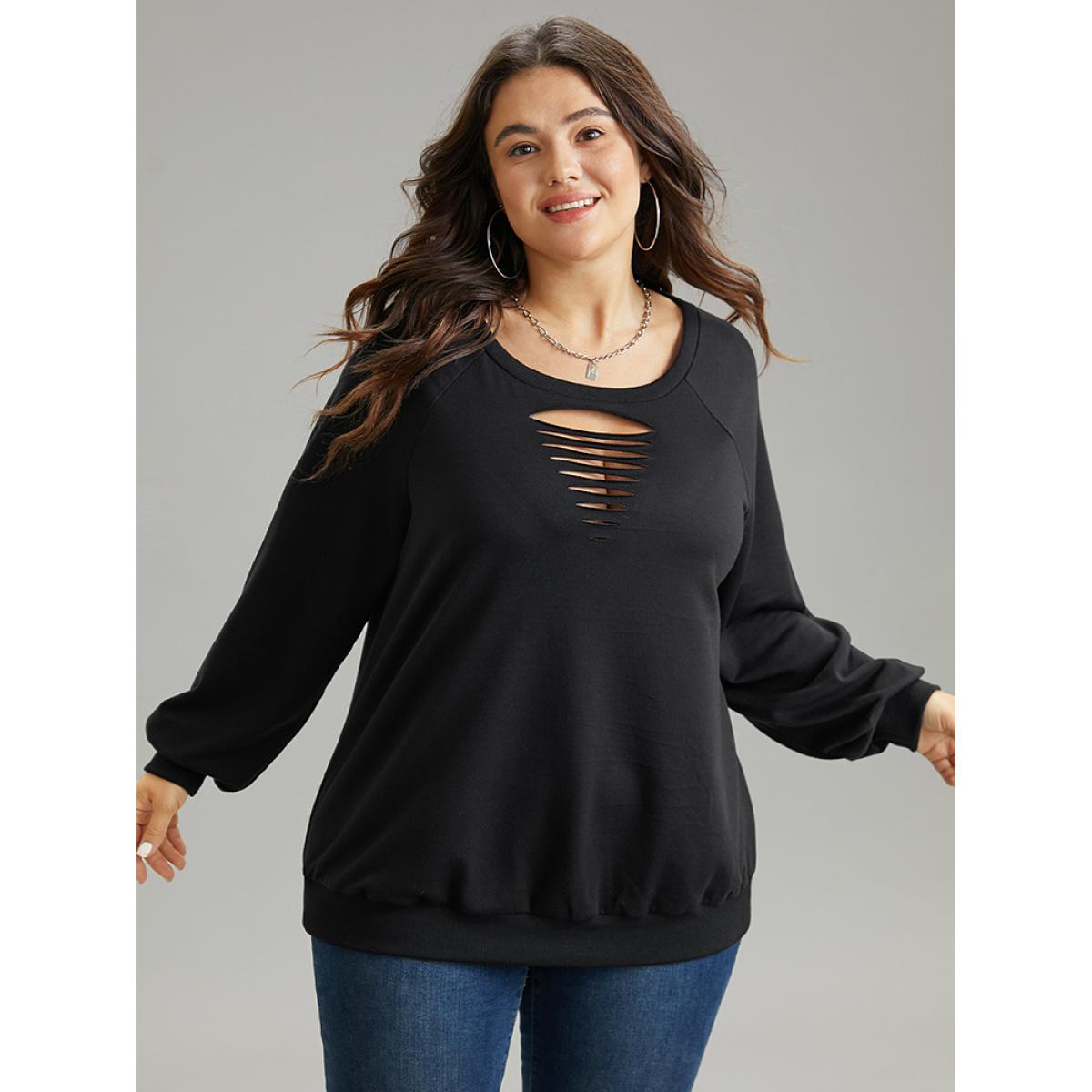 Plus Size Solid Rib Knit Cut Out Raglan Sleeve Sweatshirt Women Black Casual Rib Knit Keyhole Cut-Out Everyday Sweatshirts BloomChic 14-16/1X Product Image