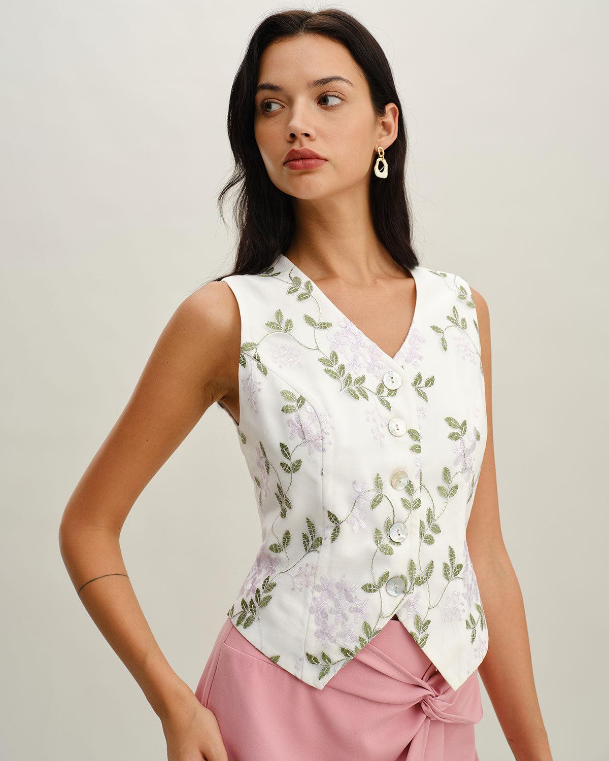 White Embroidery V Neck Button Vest Product Image