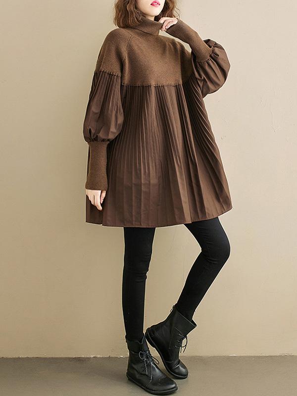 Knitting Pleats Split-Joint High-Neck Pullover Top Product Image