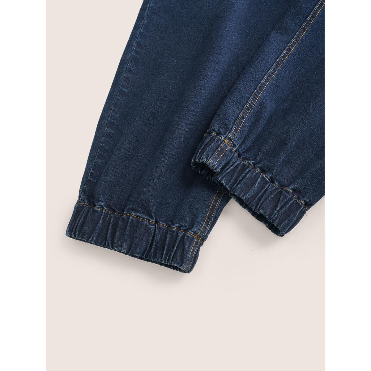 Plus Size Dark Wash Drawstring Elastic Waist Jogger Jeans Women DarkBlue Casual Plain Non High stretch Slanted pocket Jeans BloomChic 30/6X Product Image