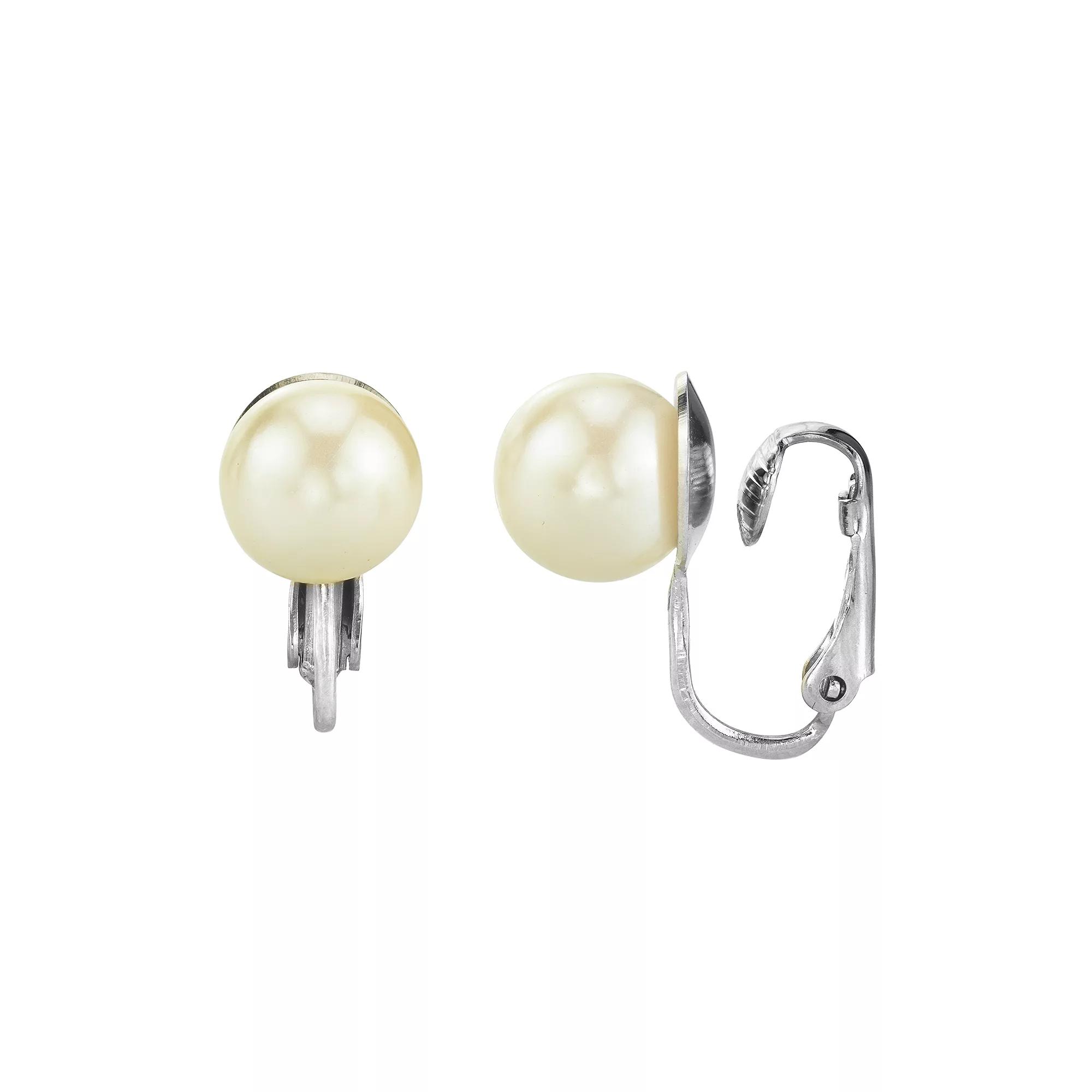 1928 Simulated Pearl Clip-On Earrings, Women's, Silver Tone Product Image