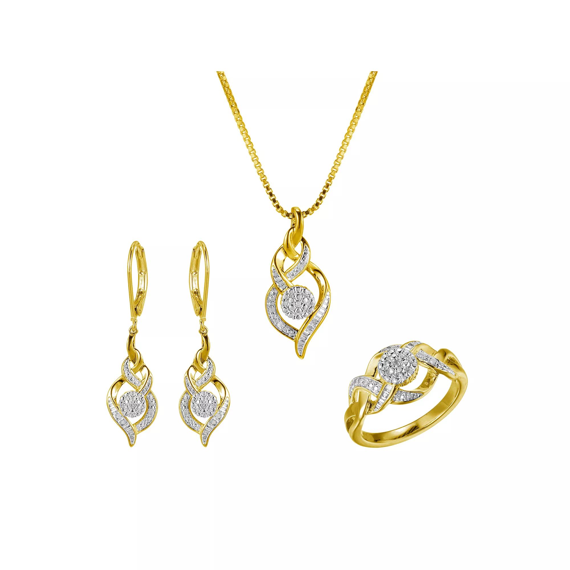 Gold Tone Diamond Accent Waterfall Earrings, Pendant Necklace and Ring Set, Women's, Size: 9 Product Image