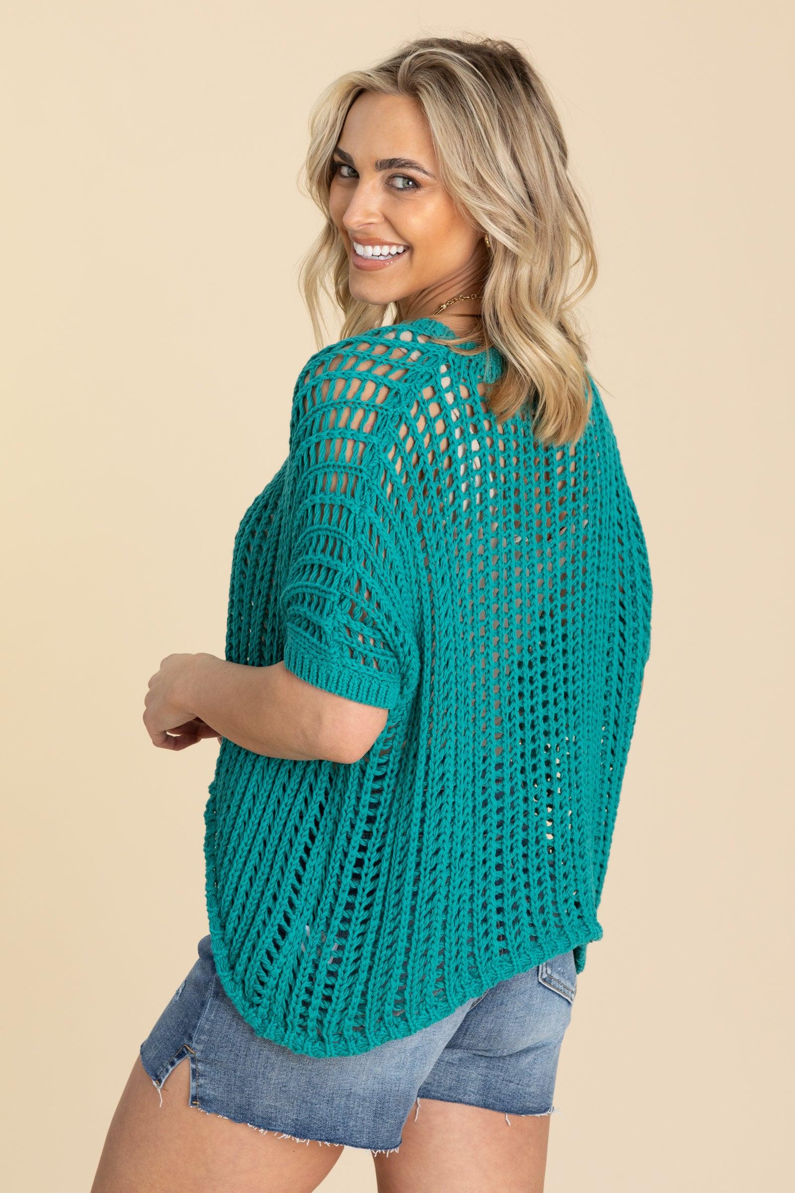 Teal Short Sleeve Net Crochet Top Product Image