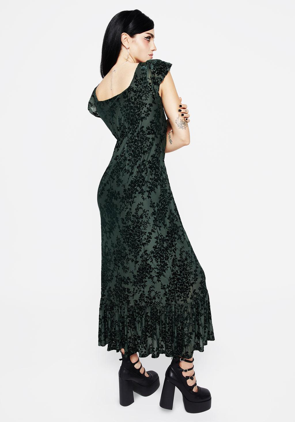 Avalon Floral Flocked Velour Frill Sleeve Midaxi Dress Product Image