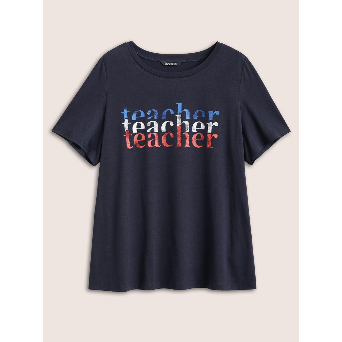 Plus Size Letter Print Contrast Round Neck T-shirt Midnight Women Casual Non Art&design Everyday T-shirts BloomChic 12/L Product Image