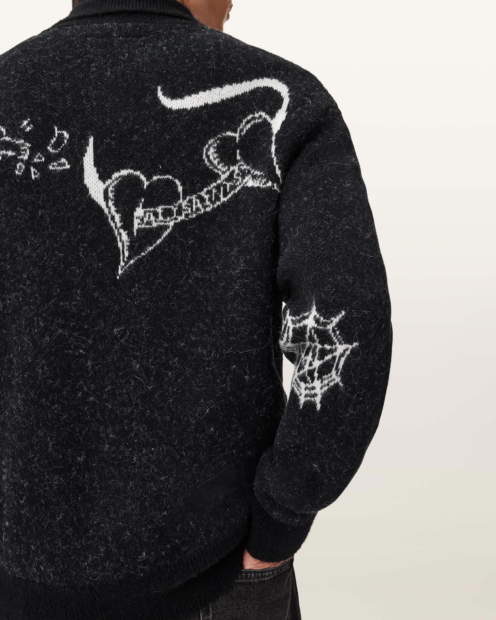Warner Jacquard Wool Cardigan CINDER BLACK/WHITE | ALLSAINTS US Product Image