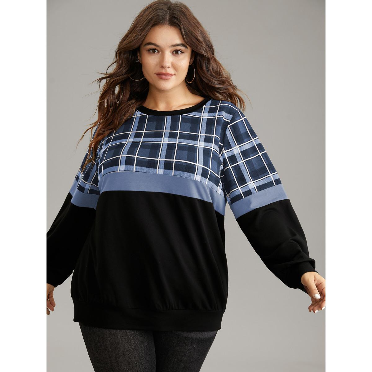 Plus Size Colorblock Plaid Contrast Crew Neck Sweatshirt Women Stone Casual Contrast Round Neck Dailywear Sweatshirts BloomChic 26/4X Product Image