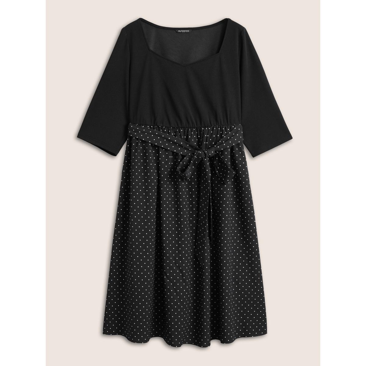 Plus Size Polka Dot Patchwork Belted Square Neck Dress Black Women At the Office Non Square Neck Elbow-length sleeve Curvy Midi Dress BloomChic 14-16/1X Product Image
