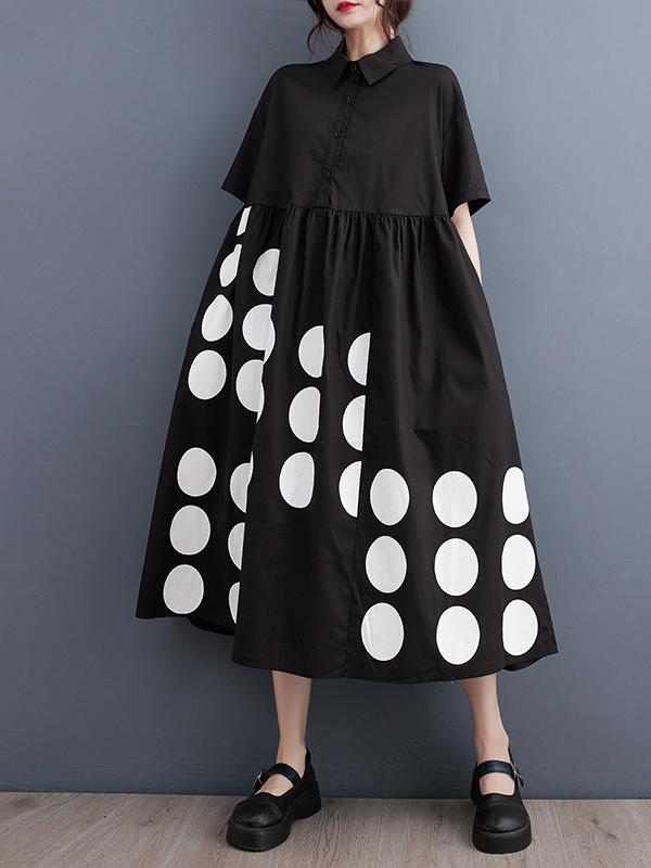 A-Line Loose Buttoned Pockets Polka Dot Printed Lapel Midi Dresses Product Image