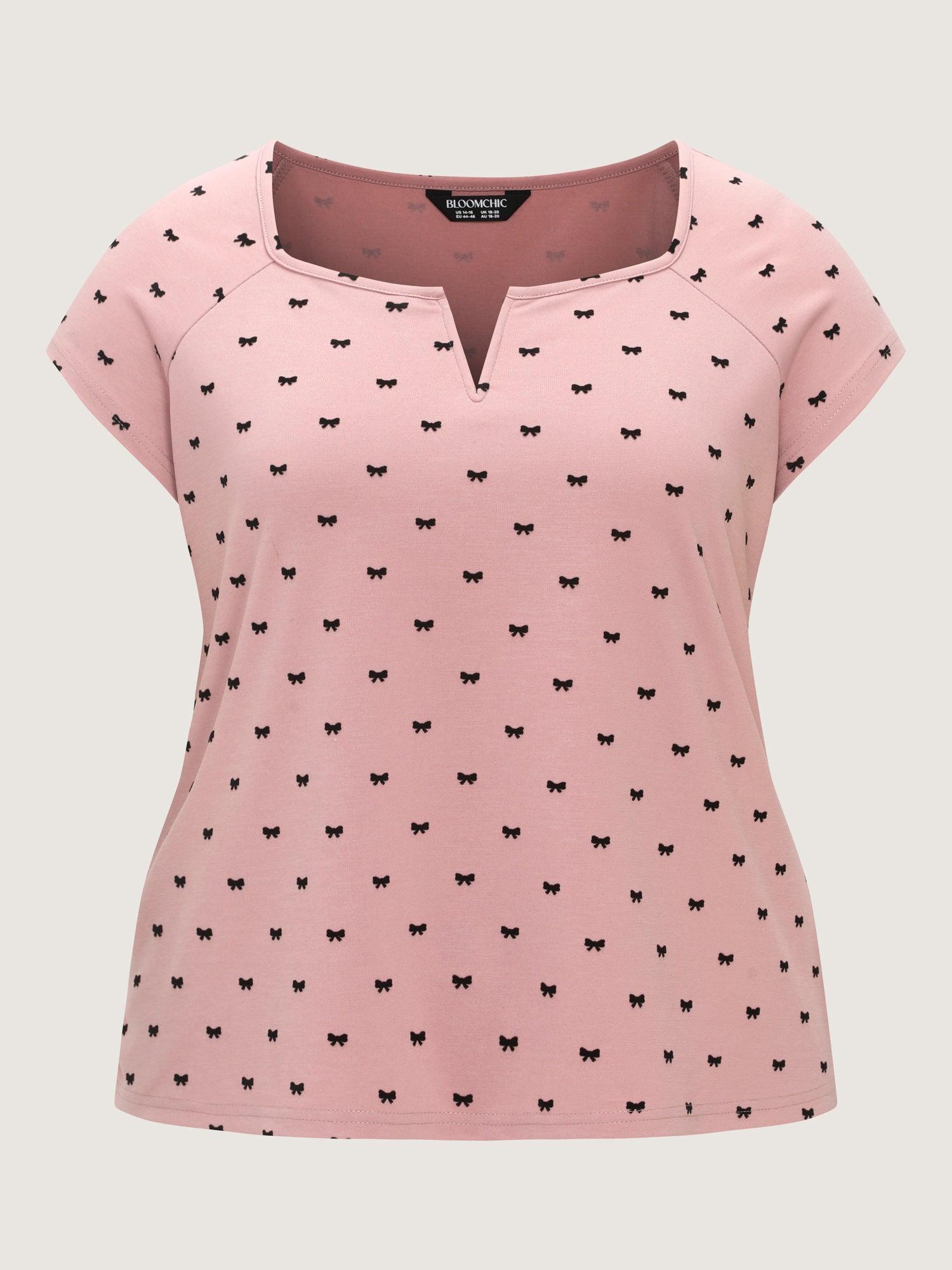 Stretchy Bowknot Print Split Neck T-Shirt Female Product Image