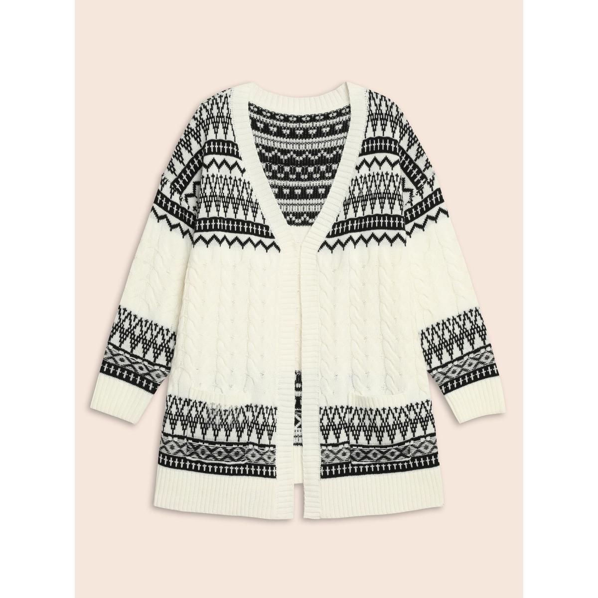 Plus Size Bandana Jacquard Cable Knit Pocket Cardigan Ivory Women Leisure Loose Long Sleeve Casual Cardigans BloomChic 30/6X Product Image