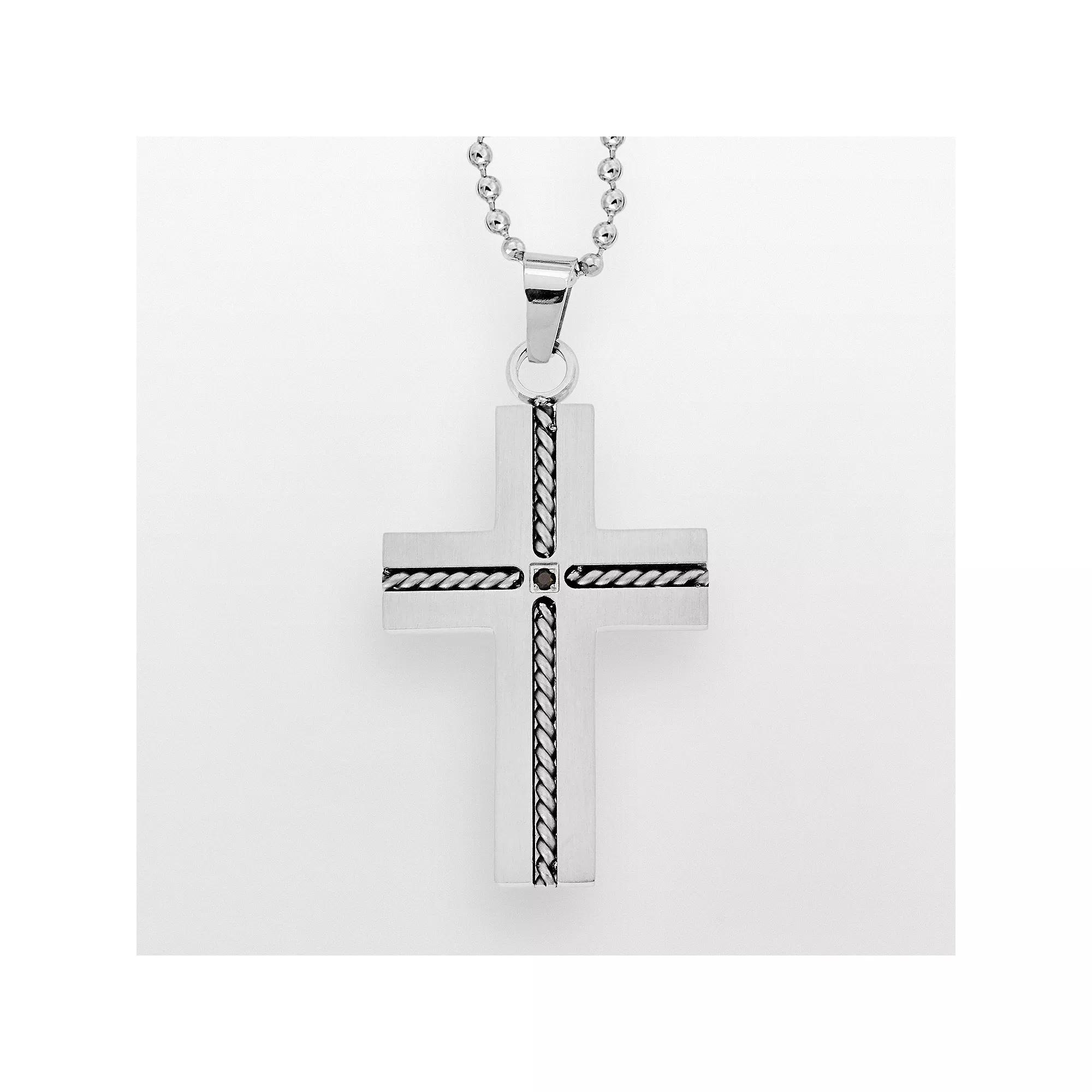 Stainless Steel Black Diamond Accent Cross Pendant - Men, Mens Grey Product Image