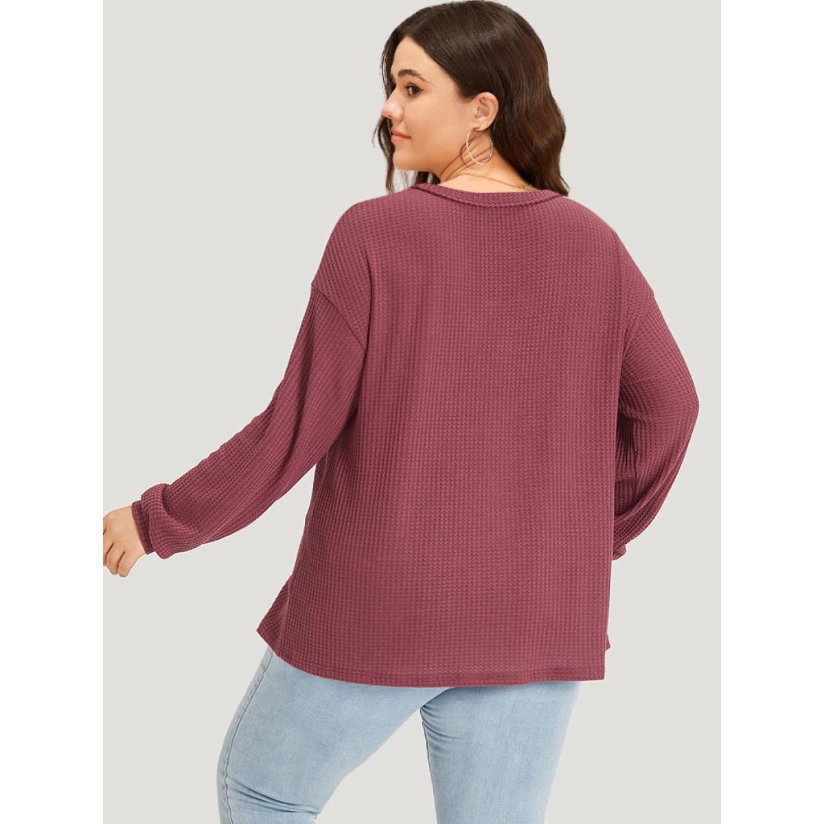 Plus Size Waffle Knit Button Detail V Neck T-shirt Russet Women Casual Elastic cuffs Plain V-neck Dailywear T-shirts BloomChic 14-16/1X Product Image