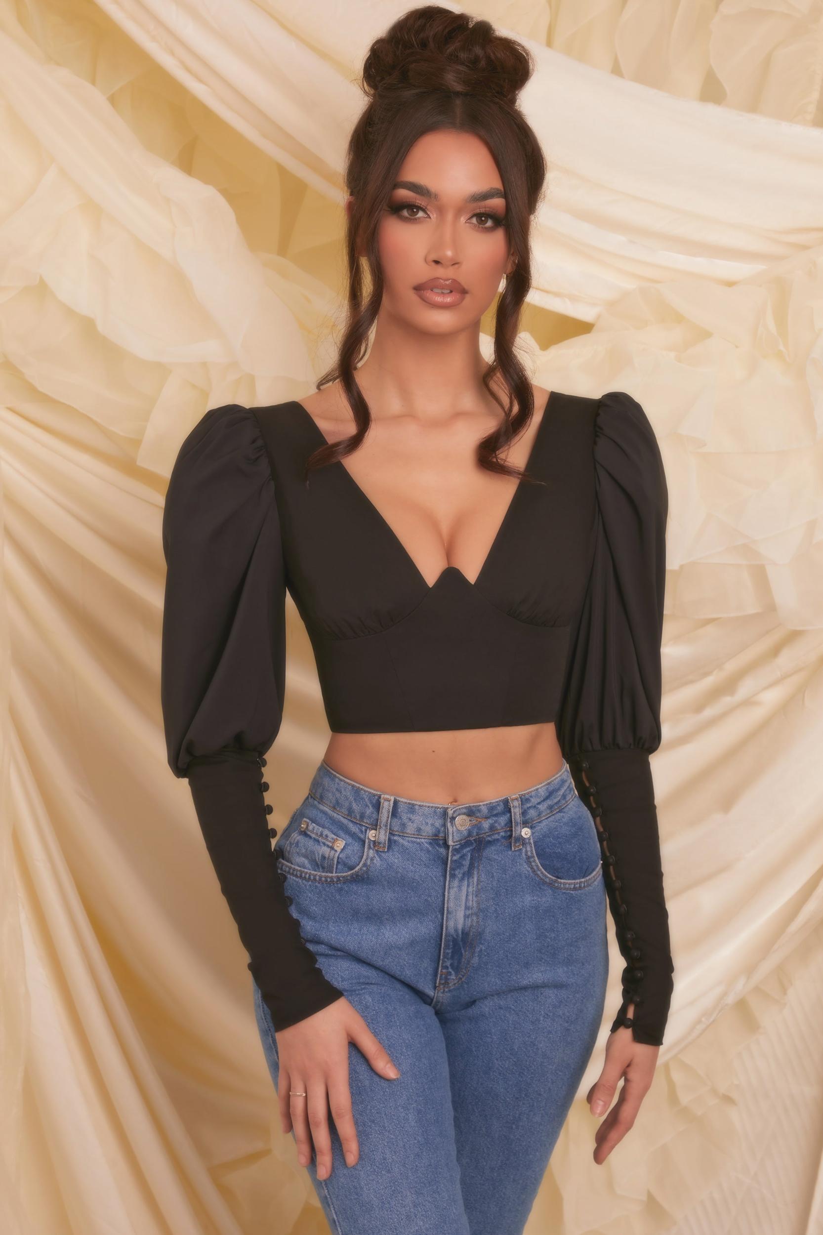 Plunge Neck Puff Sleeve Crop Top in Black Product Image