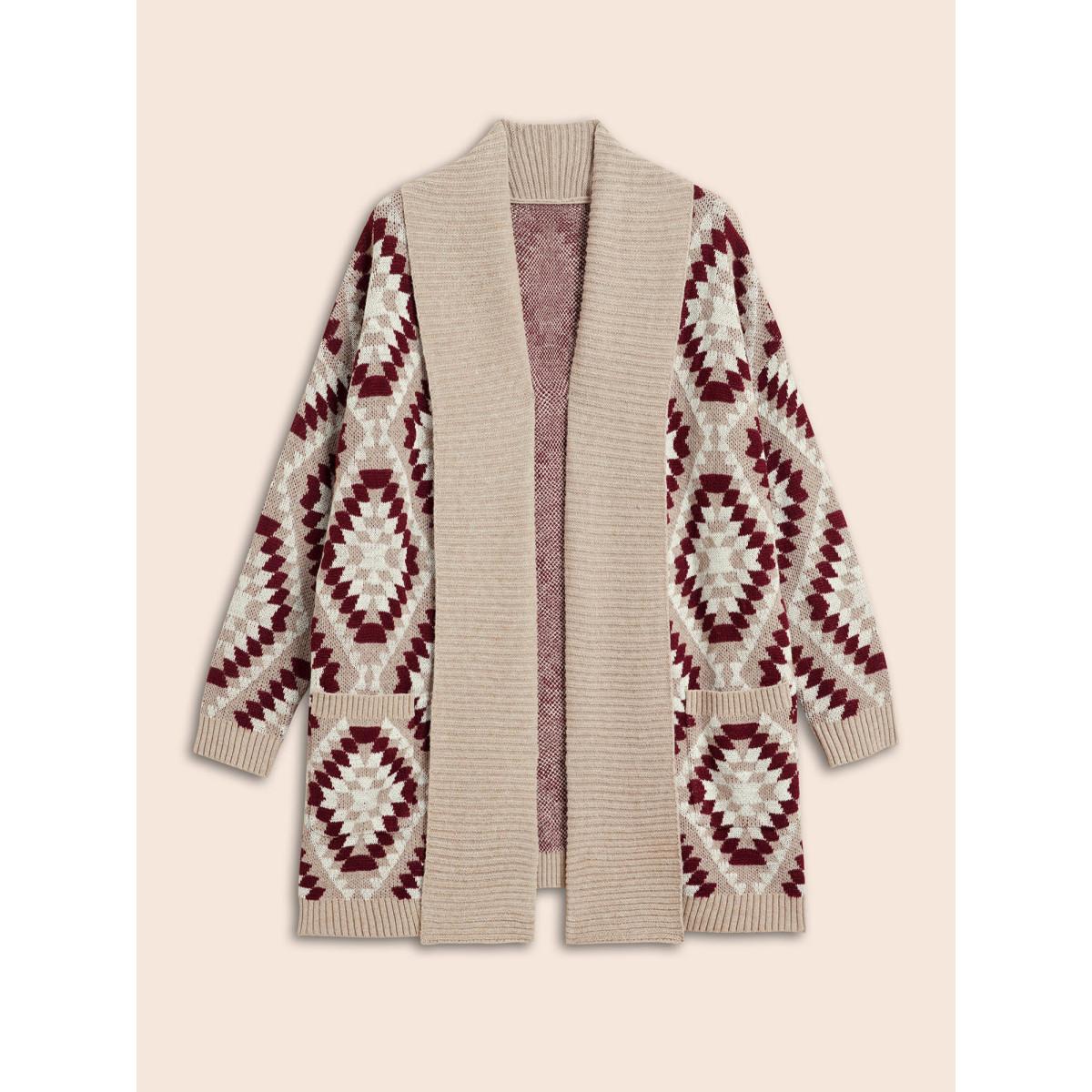 Plus Size Bandana Geometric Lapel Collar Cardigan LightBrown Women Casual Loose Long Sleeve Everyday Cardigans BloomChic 14-16/1X Product Image