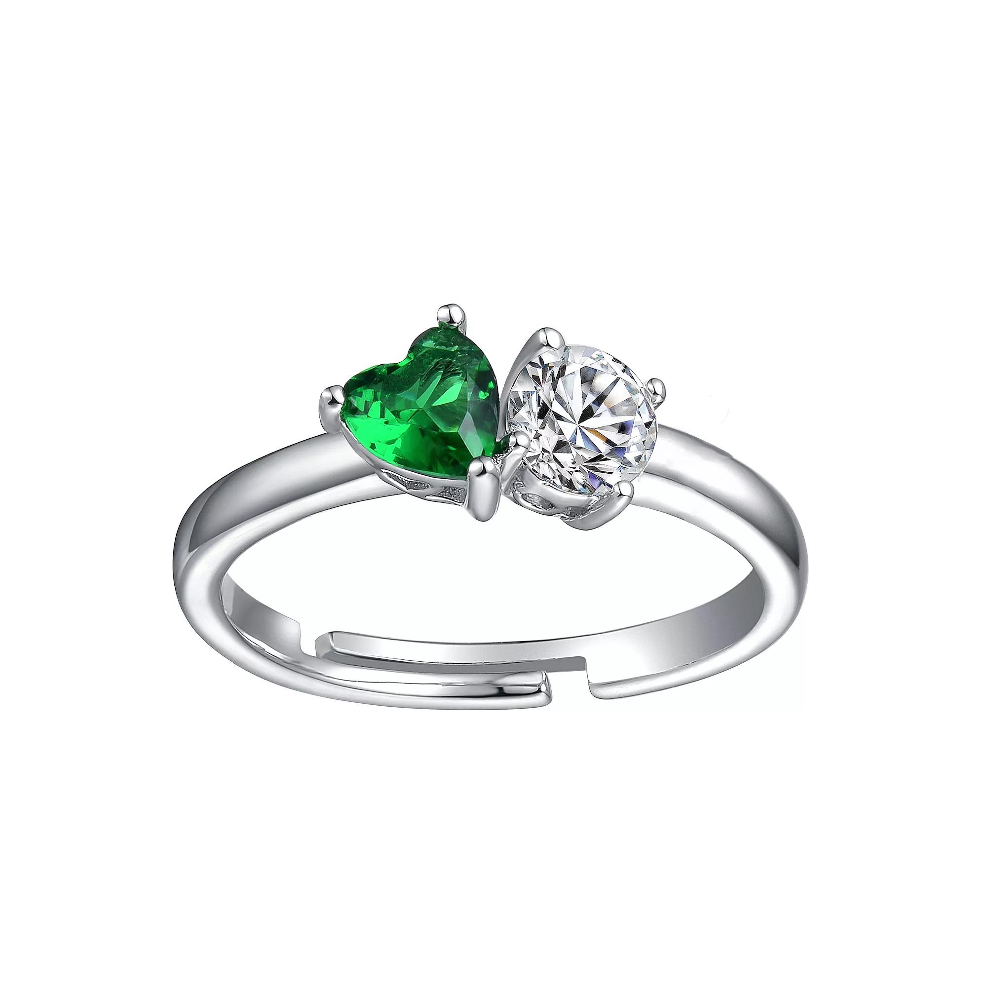 Sterling Silver Cubic Zirconia & Diamond Accent Two-Stone Heart Promise Ring, Womens Green Product Image