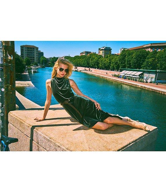 Vince Camuto Velvet Drape Cowl Mock Neck Blouson Wrap Ruffle Flounce Silt Hem Midi Dress Product Image