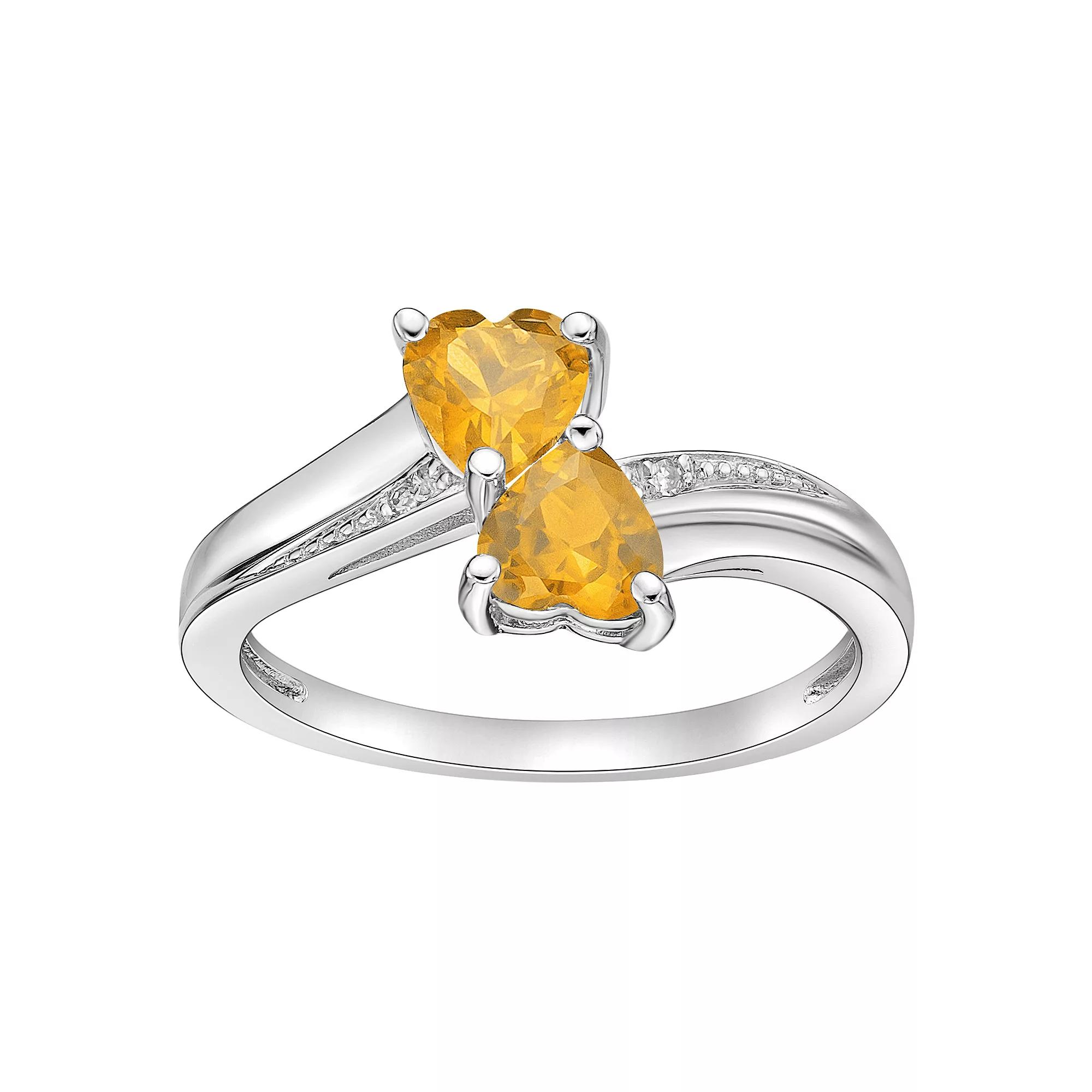 Gemminded Sterling Silver Gemstone & Diamond Accent Double Heart Bypass Ring, Women's, Size: 5, Citrine Product Image