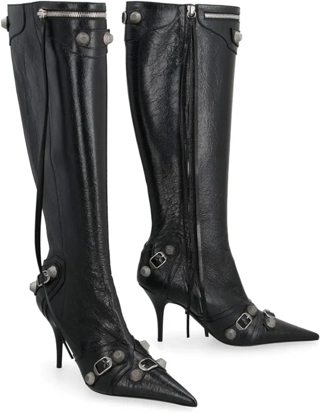 BALENCIAGA Brushed Leather Cagole Boots With Studs And Zips 10cm In Black Product Image