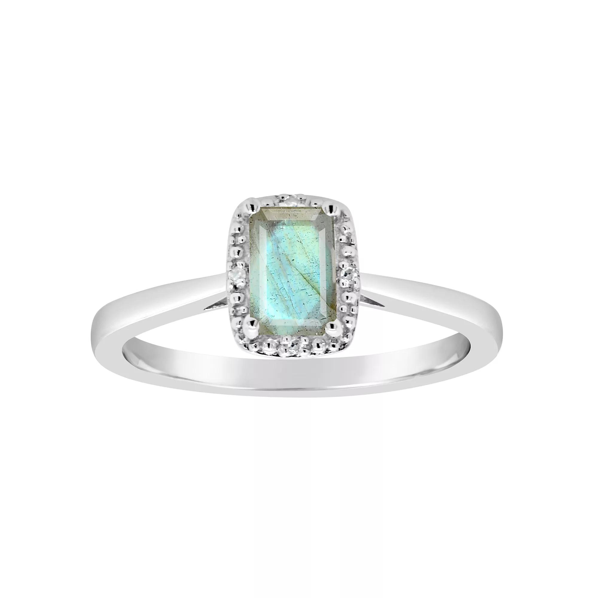 Celebration Gems Sterling Silver 6 mm x 4 mm Emerald Cut Labradorite & Diamond Accent Halo Ring, Women's,  Product Image