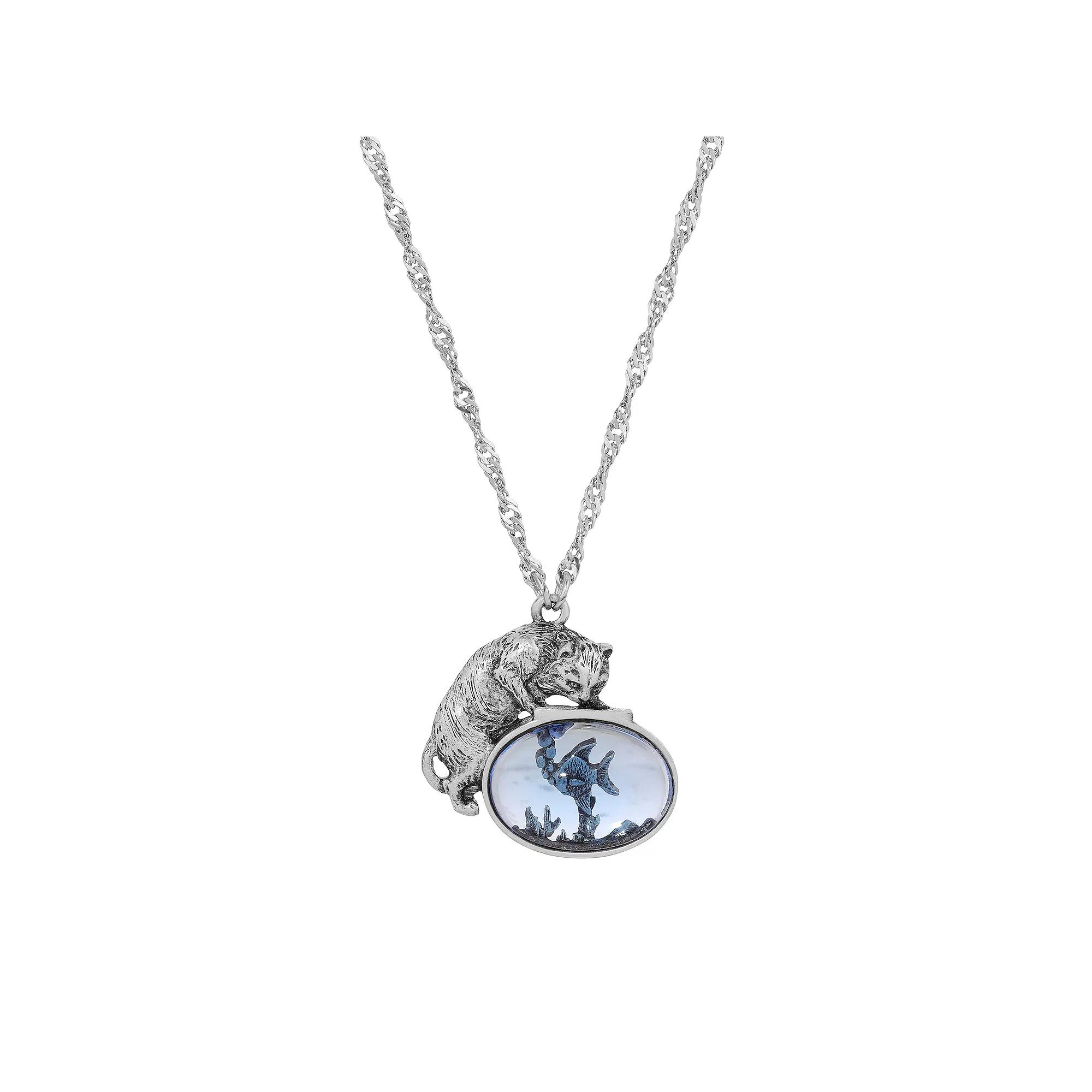 1928 Pewter Cat Blue Glass Stone Fishbowl Pendant Necklace, Womens Product Image