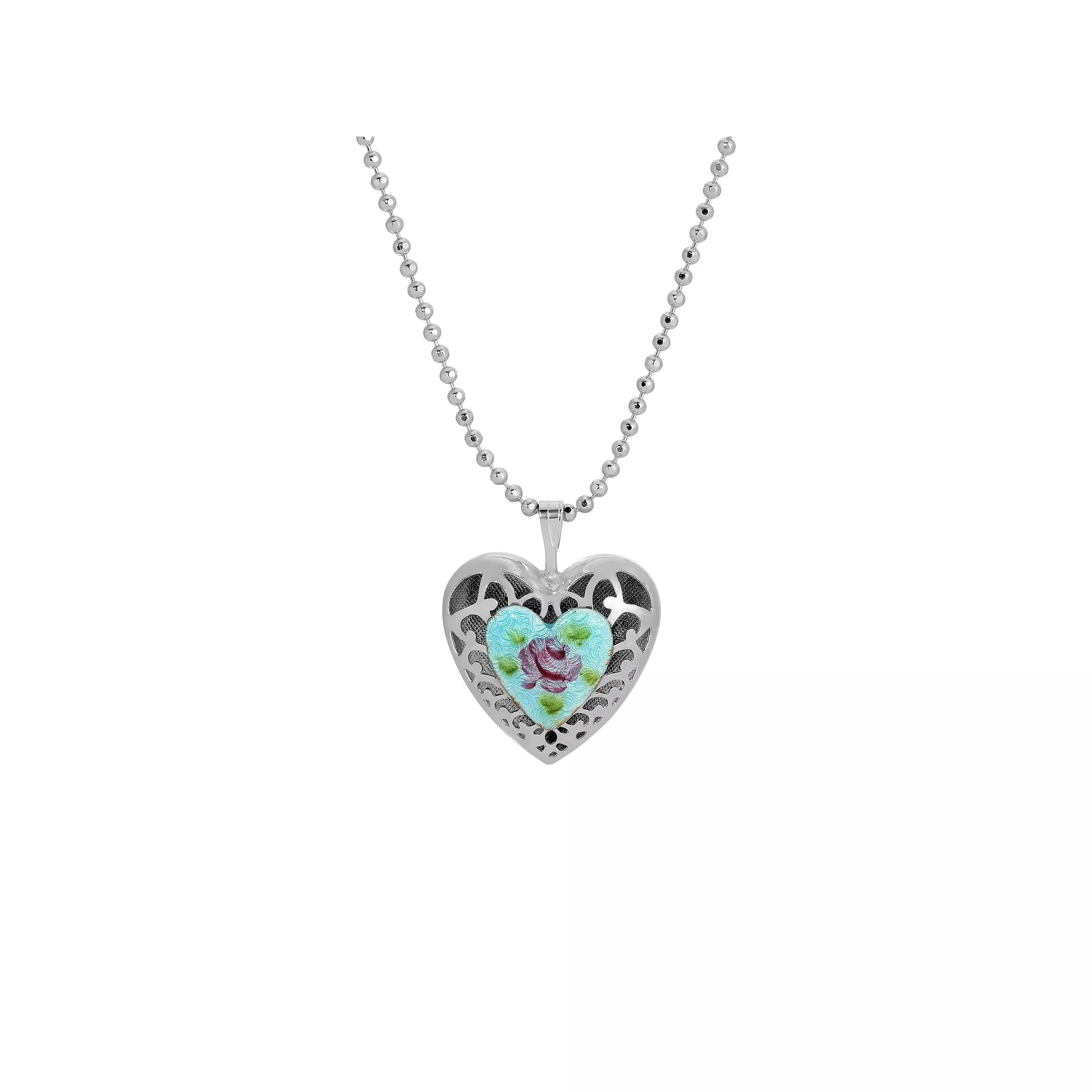 1928 Enamel Floral Heart Pendant Necklace, Womens, Turquoise Product Image