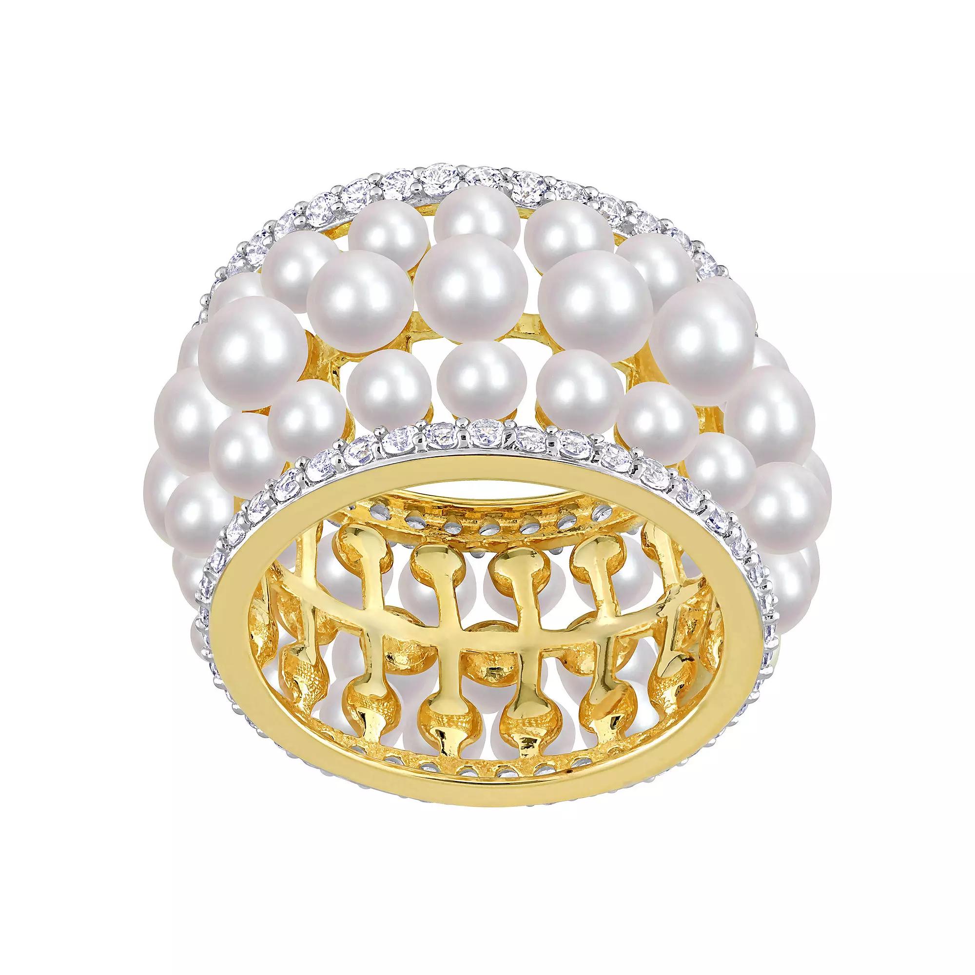 Stella Grace 18k Gold Over Silver Freshwater Cultured Pearl & Lab-Created White Sapphire 3-Row Ring, Womens Gold Tone Product Image