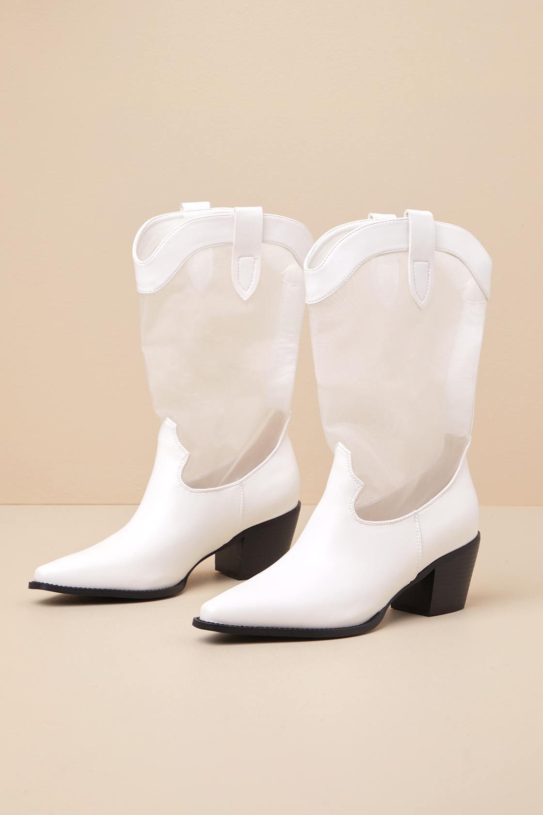 Wyley White Sheer Mesh Mid-Calf Western Boots Product Image